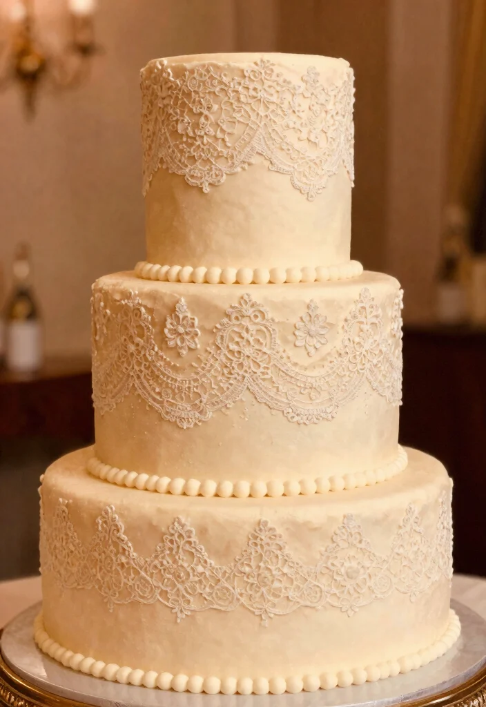 14 Champagne Wedding Cake Ideas With Tiers That Stack Secure - 9. Vintage Lace Detailing 1