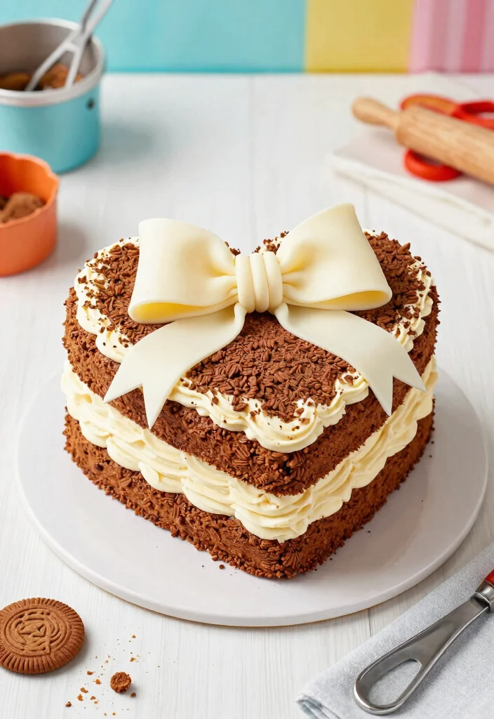 15 Heart Cake With Bows That Don't Slide Off Before Serving - 11. Cookies and Cream Heart Cake with Creamy Bow 1
