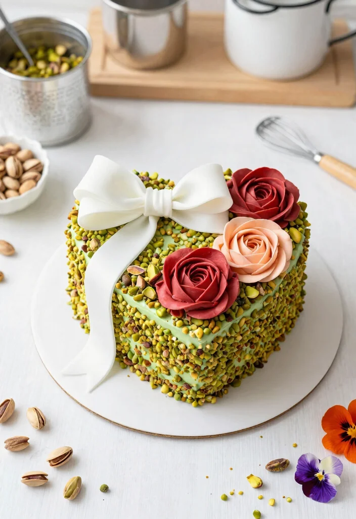 15 Heart Cake With Bows That Don't Slide Off Before Serving - 13. Pistachio Rose Heart Cake with Floral Bow 1