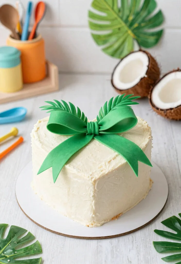 15 Heart Cake With Bows That Don't Slide Off Before Serving - 15. Tropical Coconut Heart Cake with Palm Leaf Bow 1