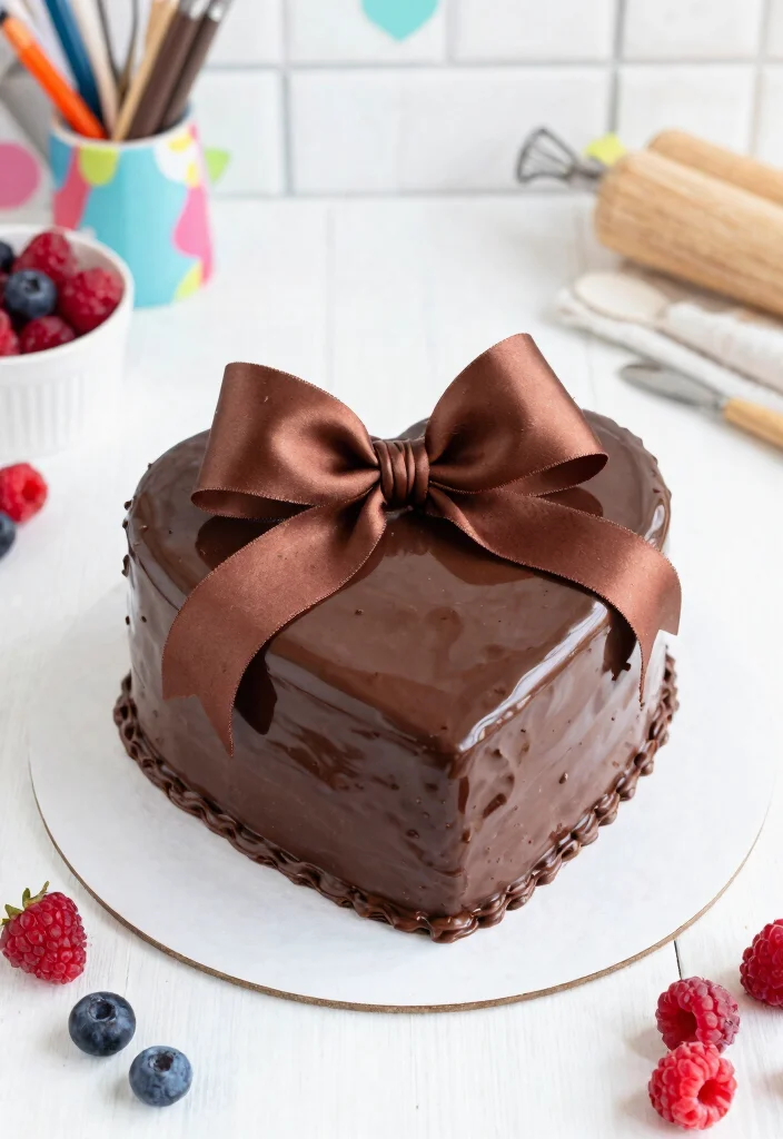 15 Heart Cake With Bows That Don't Slide Off Before Serving - 2. Chocolate Ganache Heart Cake with Satin Bow 1