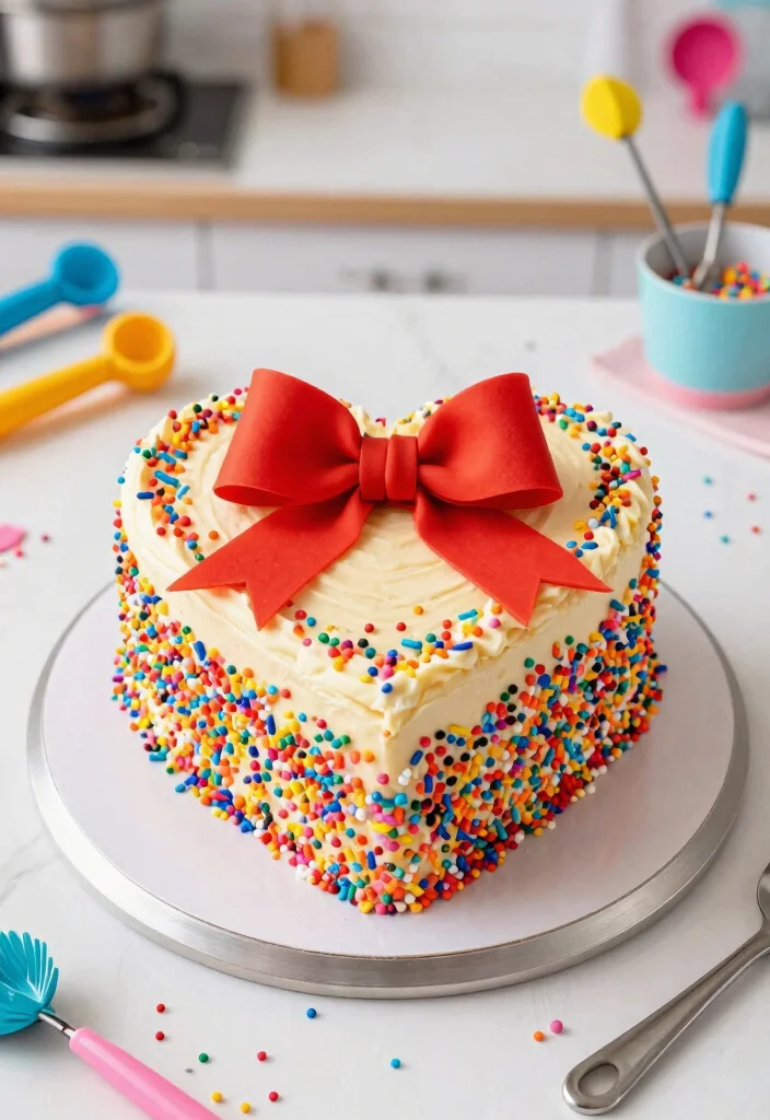 15 Heart Cake With Bows That Don't Slide Off Before Serving - 7. Funfetti Heart Cake with Colorful Bow 1