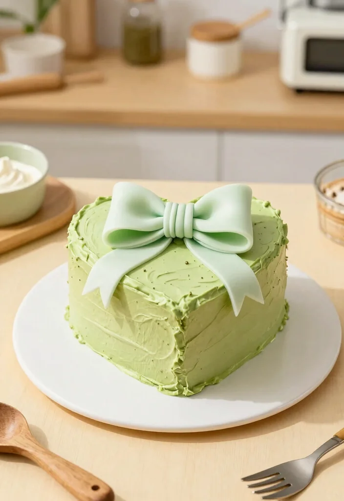 15 Heart Cake With Bows That Don't Slide Off Before Serving - 9. Matcha Green Tea Heart Cake with Sweet Bow 1